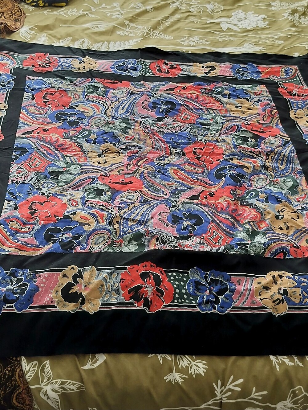 Vintage Floral Paisley Fringed Square Scarf Shawl Boho Art Nouveau Black Large